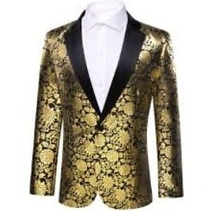 BARRY. WANG Mens 42R 3X Black Gold Floral Jacquard Tuxedo Jacket Blazer Formal